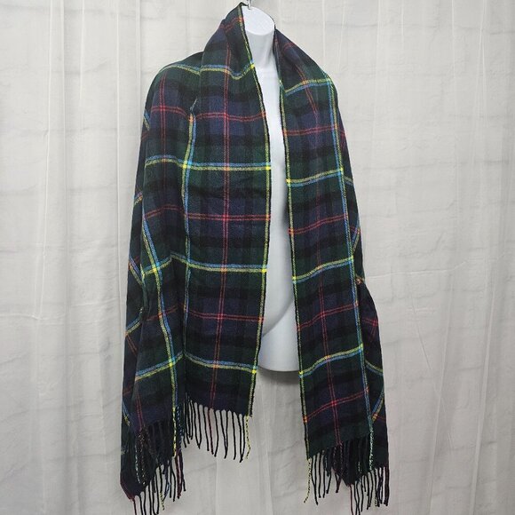 J. Crew Blue Green Plaid Shawl Scarf Fringe Wool OSFA - Picture 4 of 9